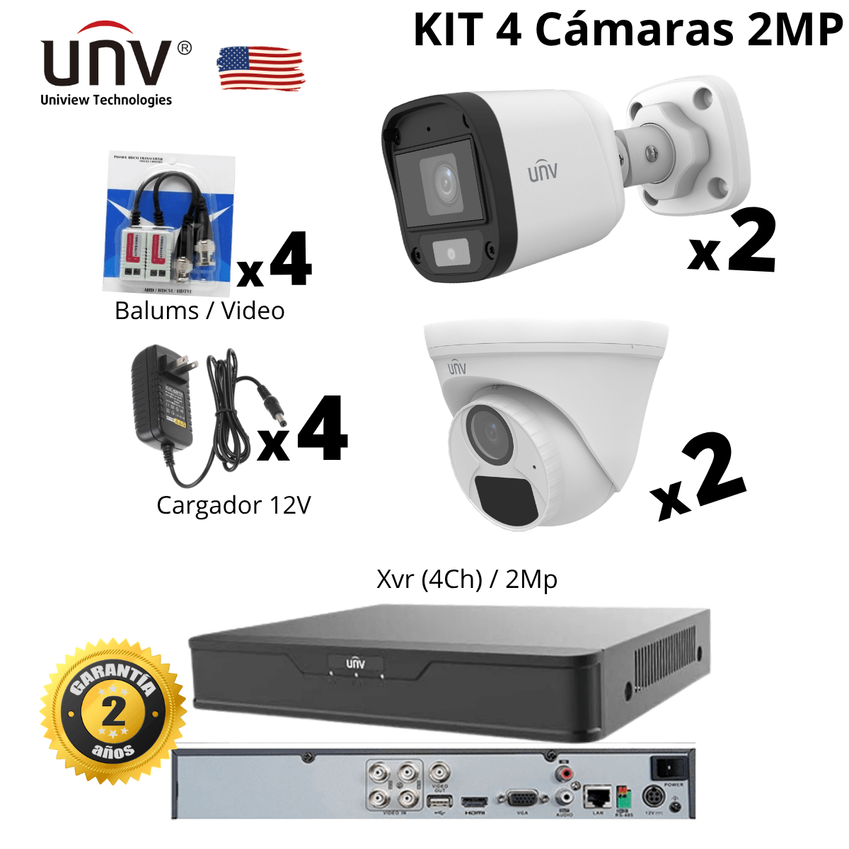 KIT - UNV - 4 camaras 2MP